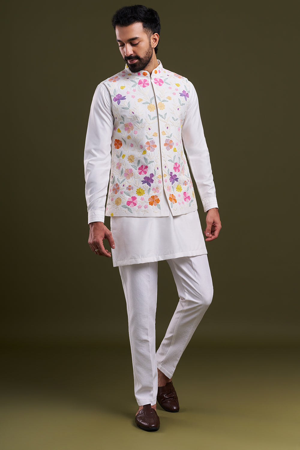 White Nokia Silk Dori Work Men's Kurta with Jacket