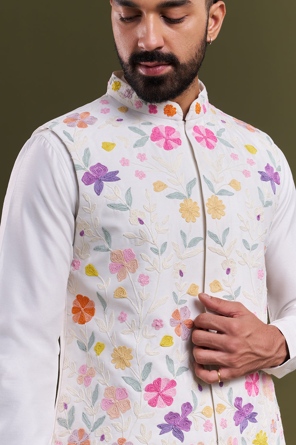 White Nokia Silk Dori Work Men's Kurta with Jacket