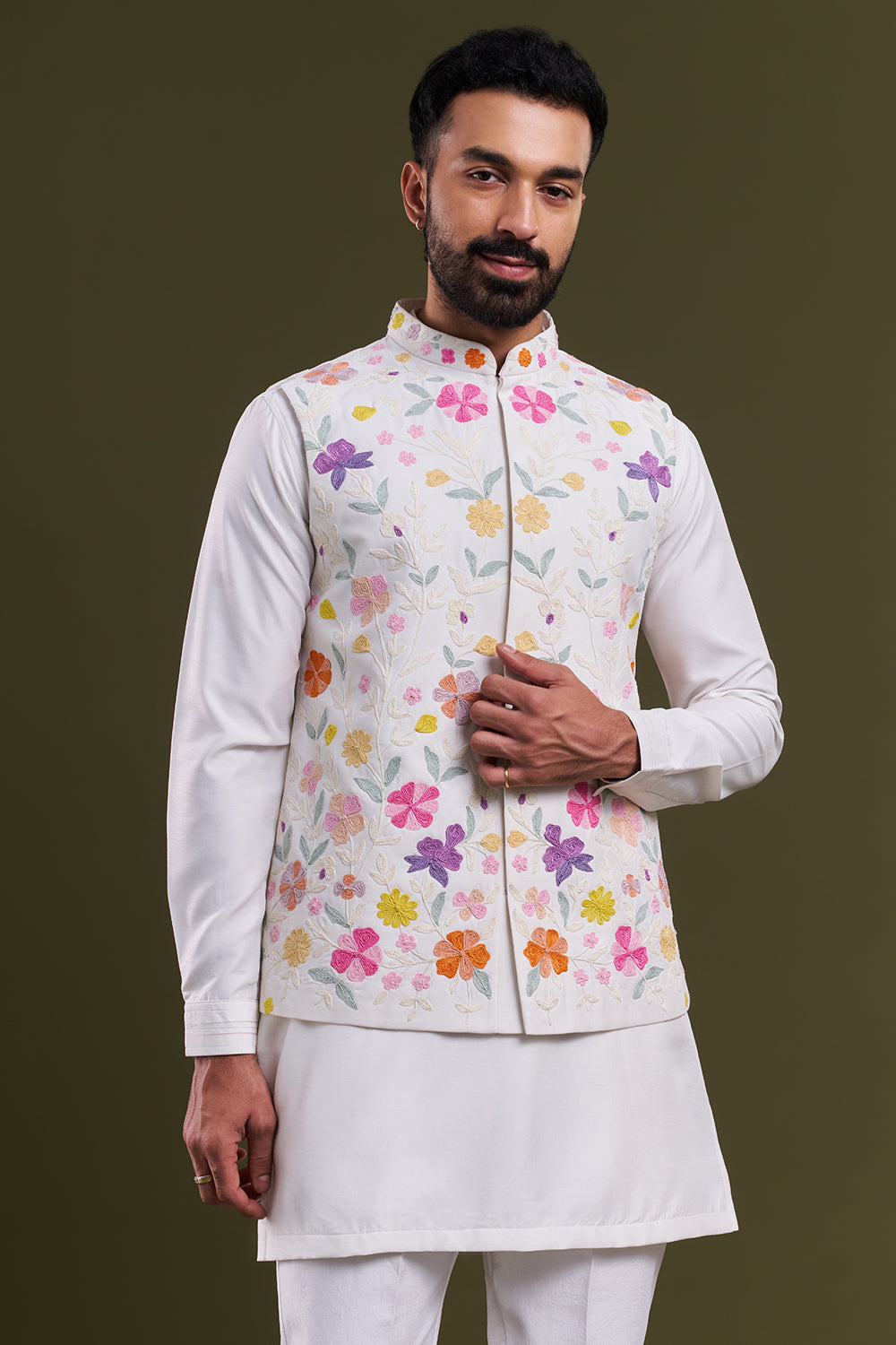 White Nokia Silk Dori Work Men's Kurta with Jacket