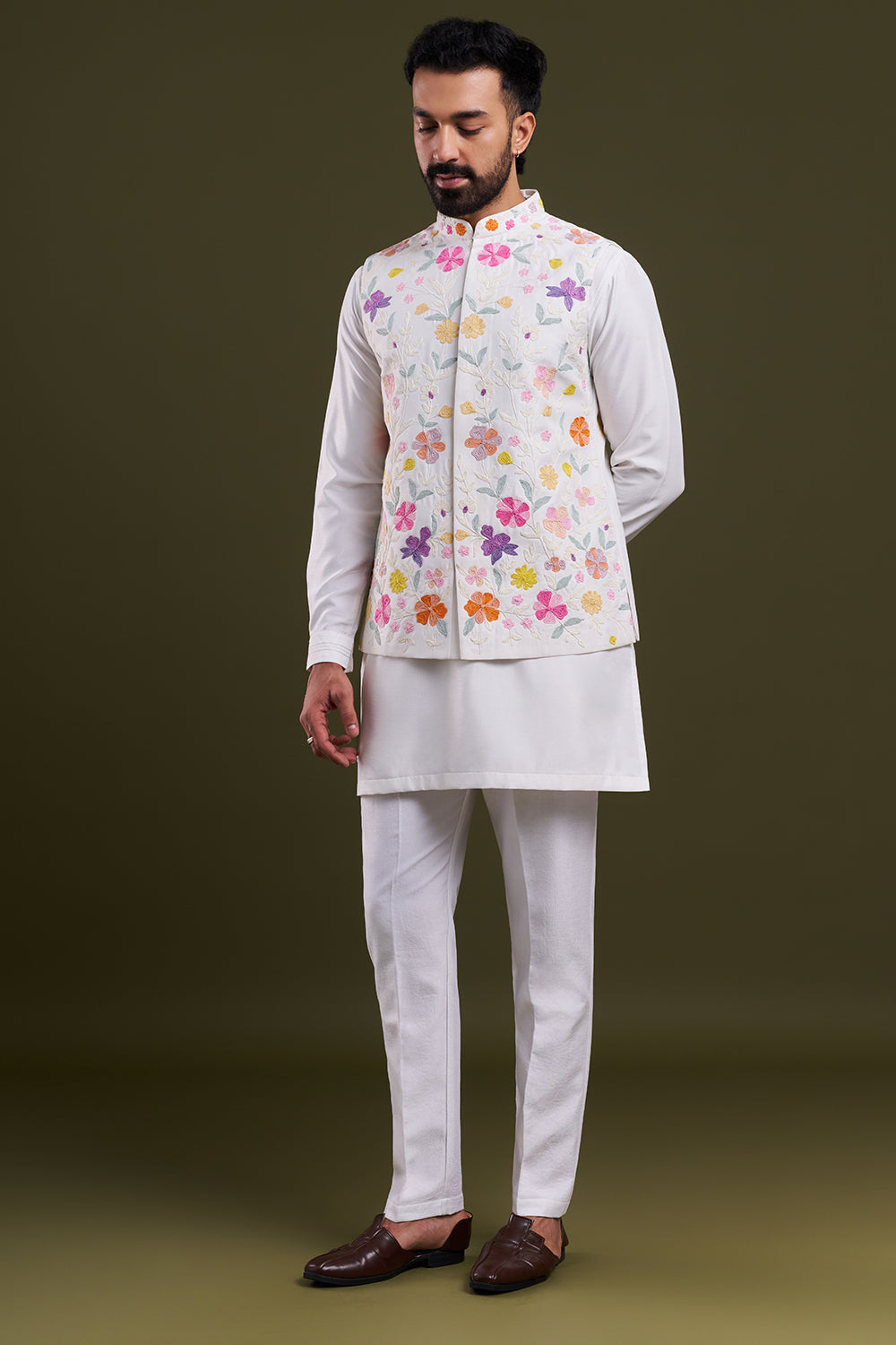 White Nokia Silk Dori Work Men's Kurta with Jacket