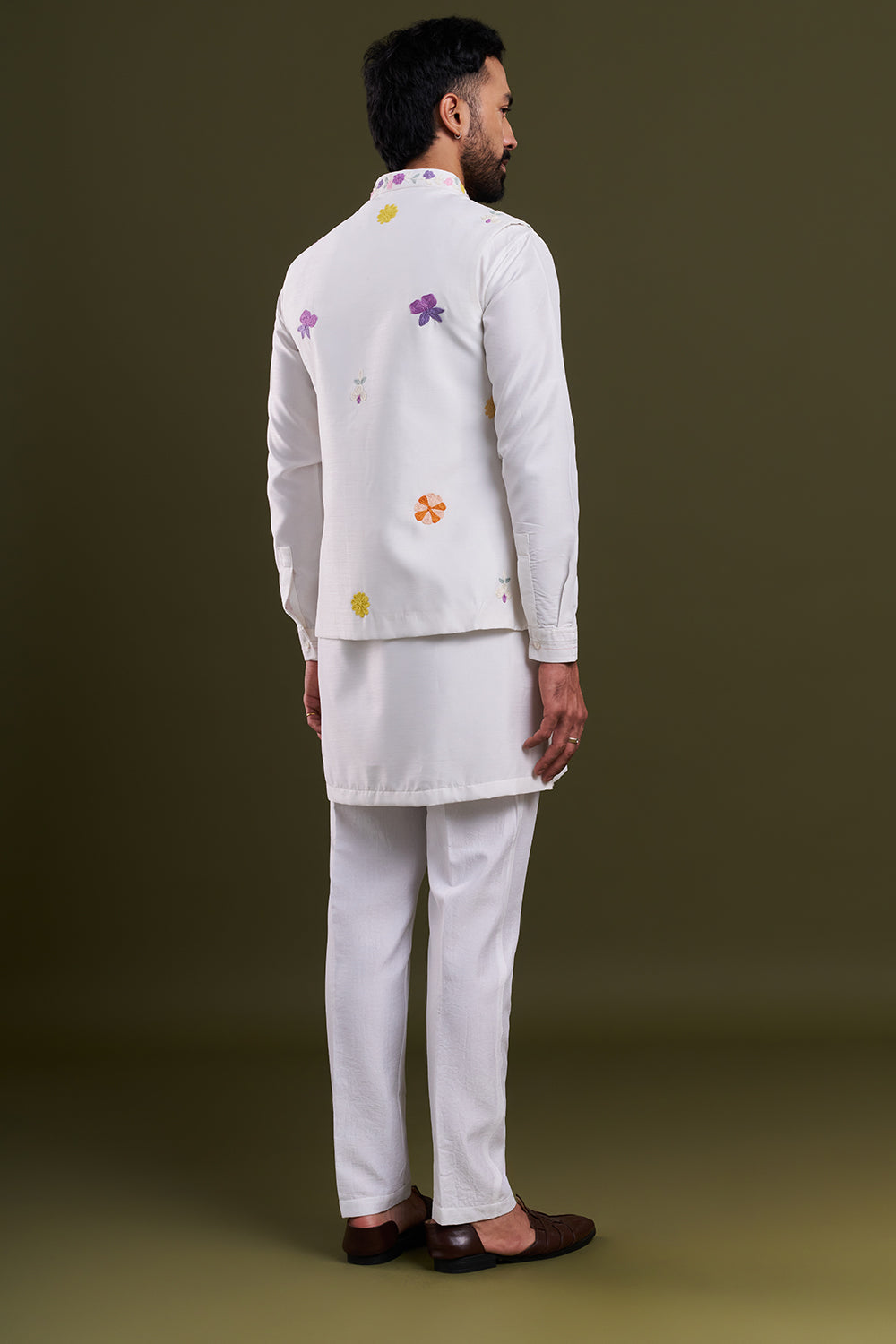 White Nokia Silk Dori Work Men's Kurta with Jacket