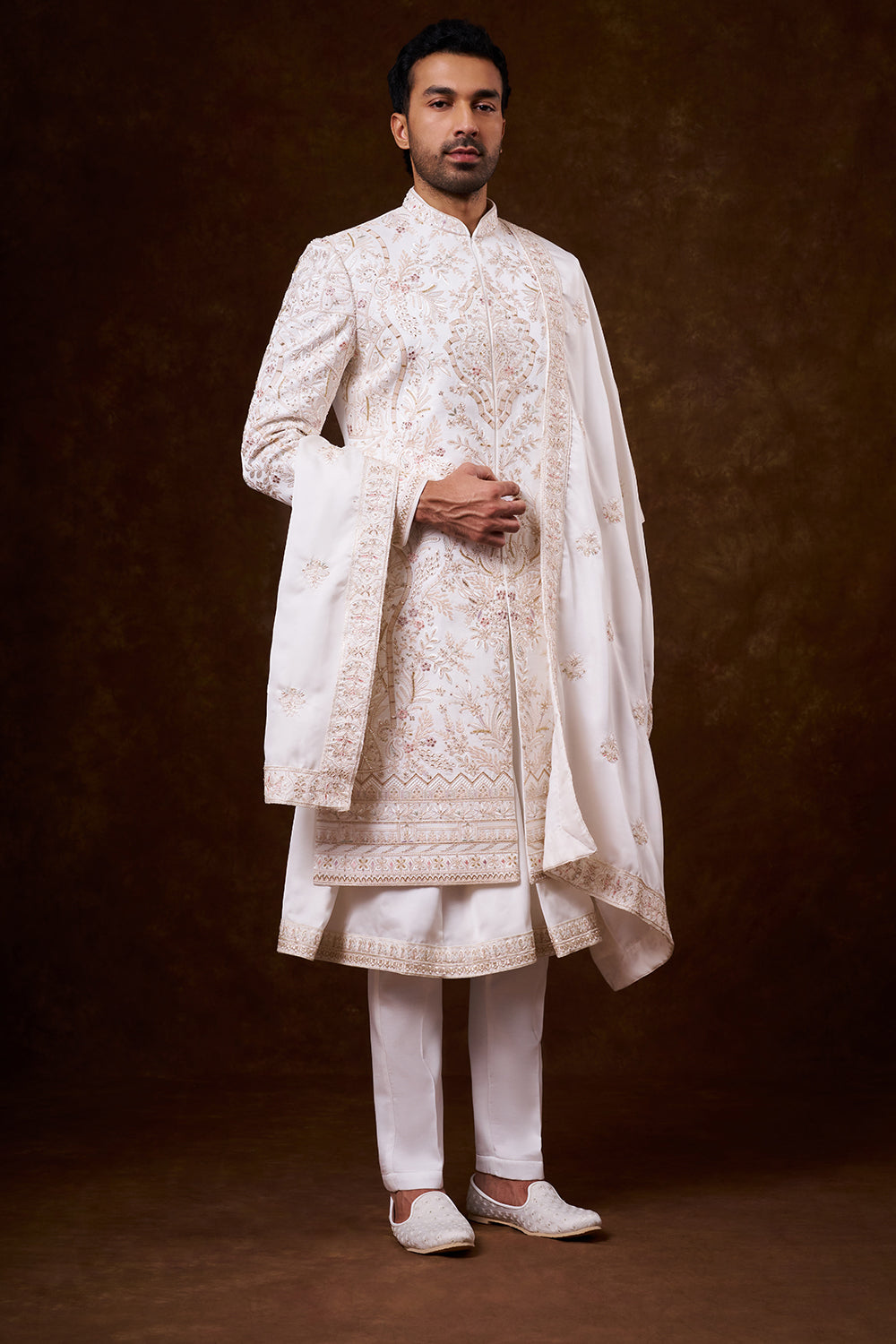 White Nokia Silk Groom’s Sherwani with Botanical Detailing
