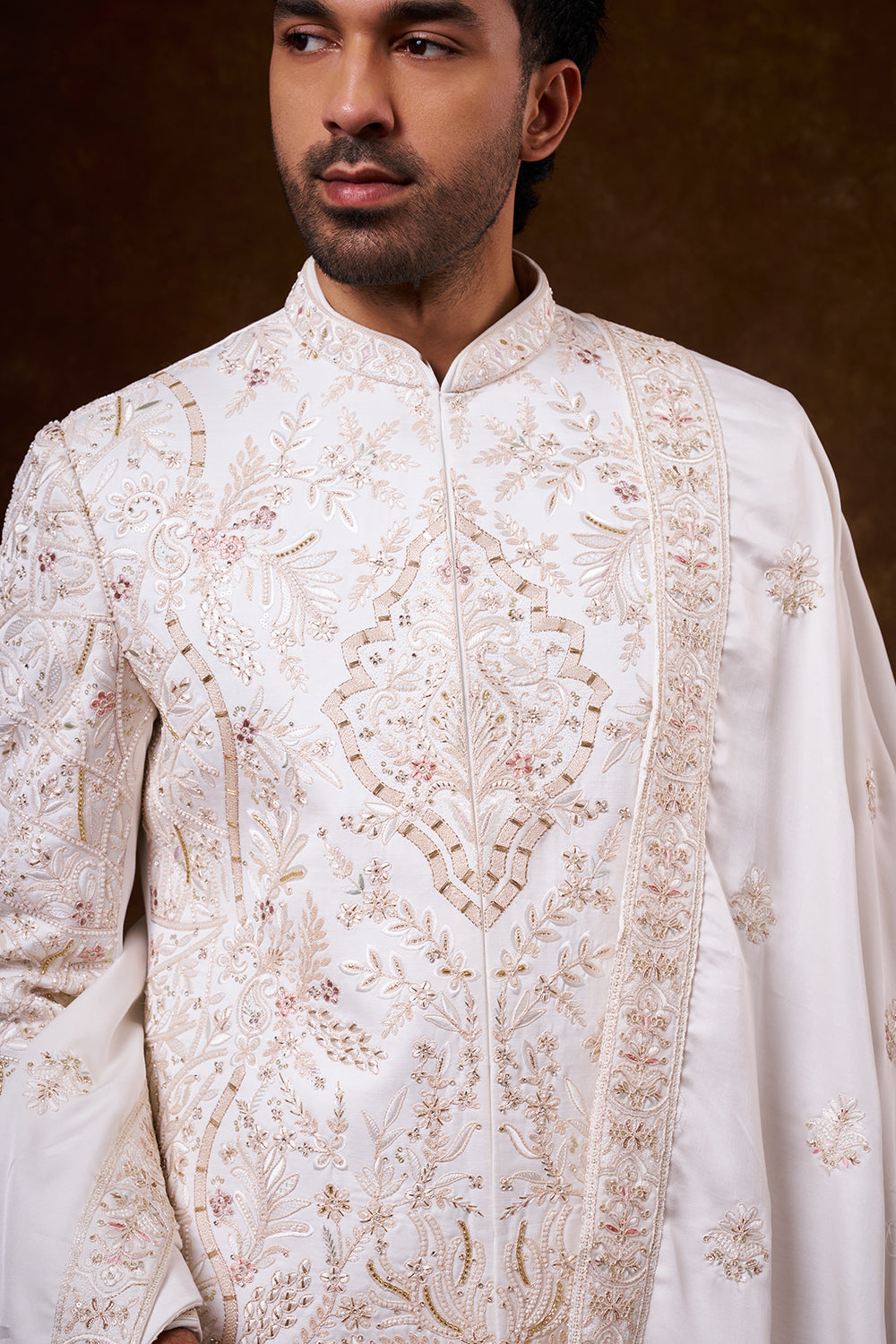 White Nokia Silk Groom’s Sherwani with Botanical Detailing