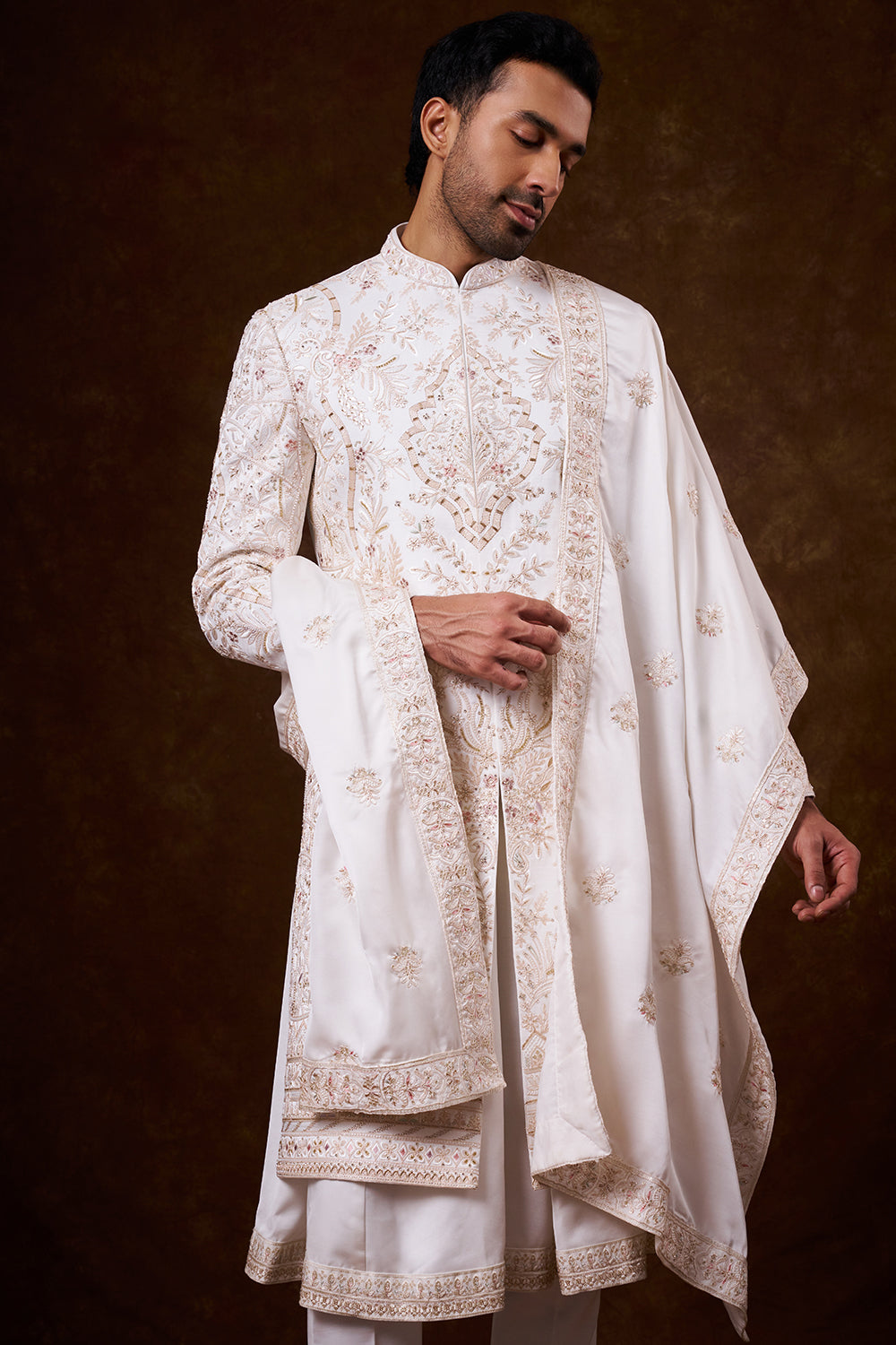 White Nokia Silk Groom’s Sherwani with Botanical Detailing