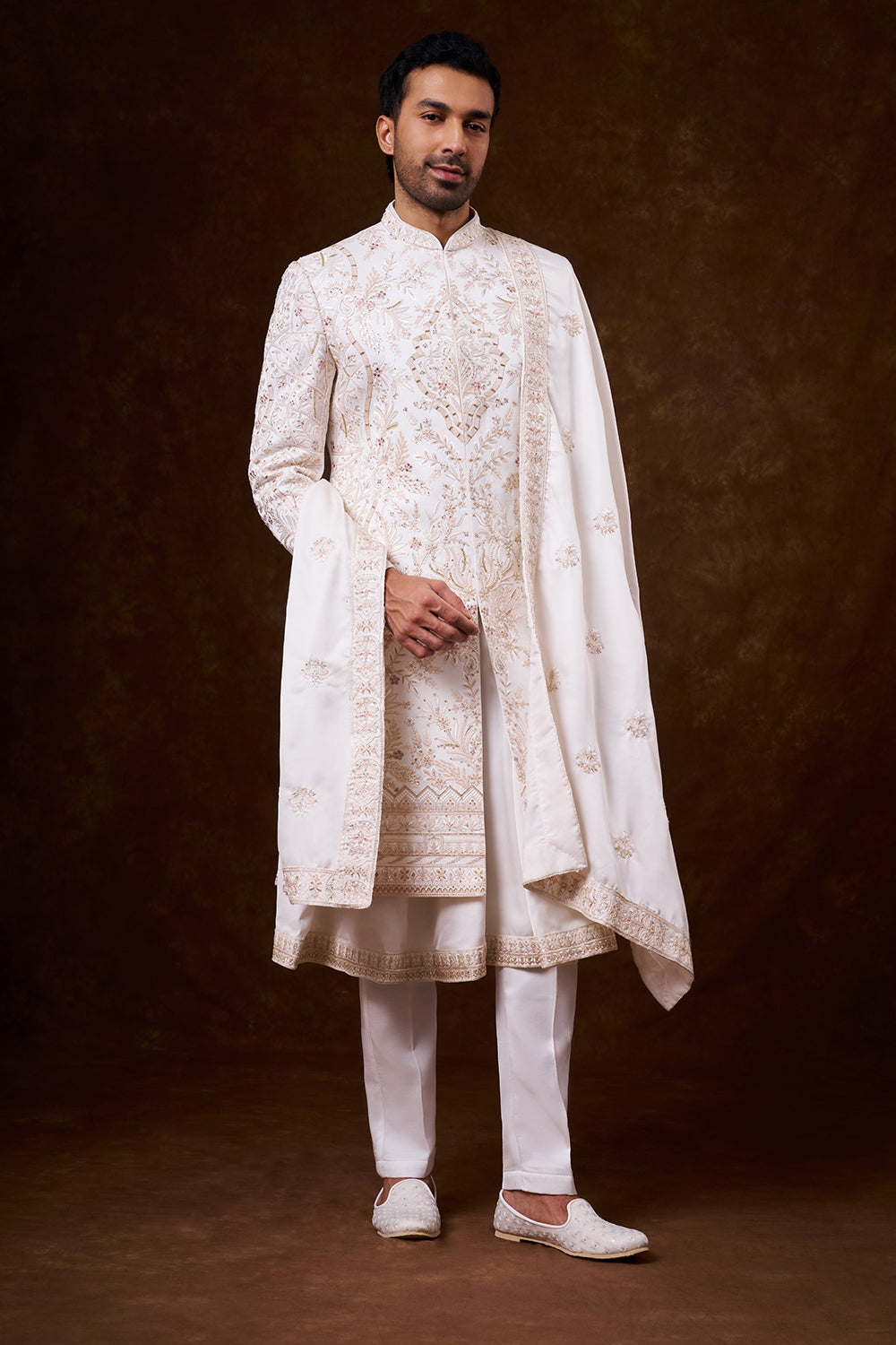 White Nokia Silk Groom’s Sherwani with Botanical Detailing