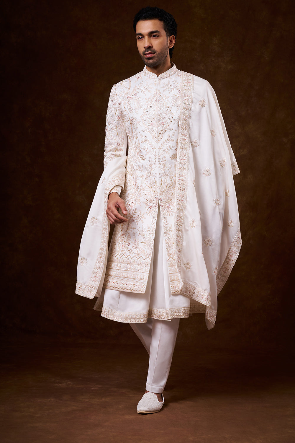 White Nokia Silk Groom’s Sherwani with Botanical Detailing