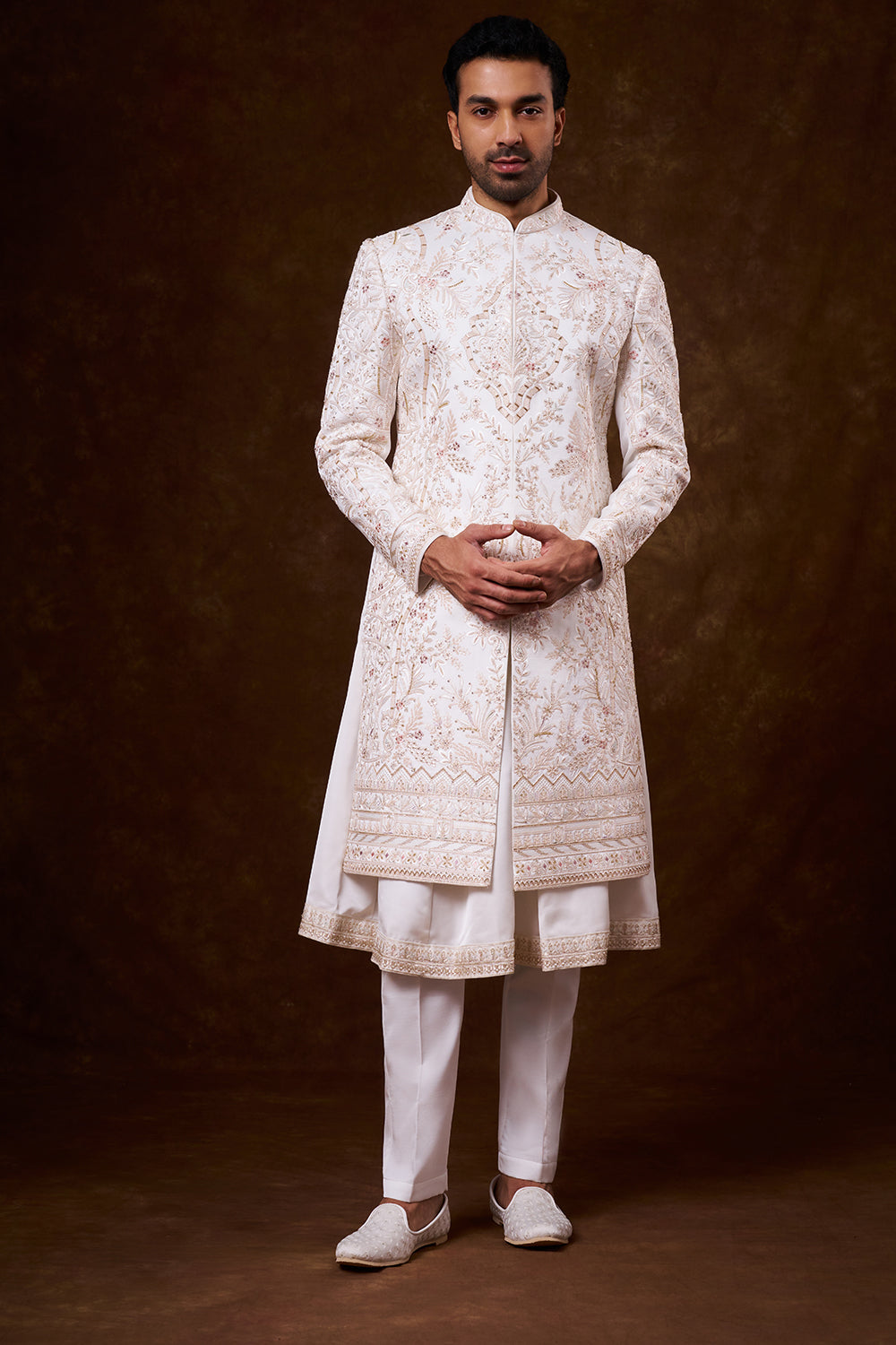 White Nokia Silk Groom’s Sherwani with Botanical Detailing