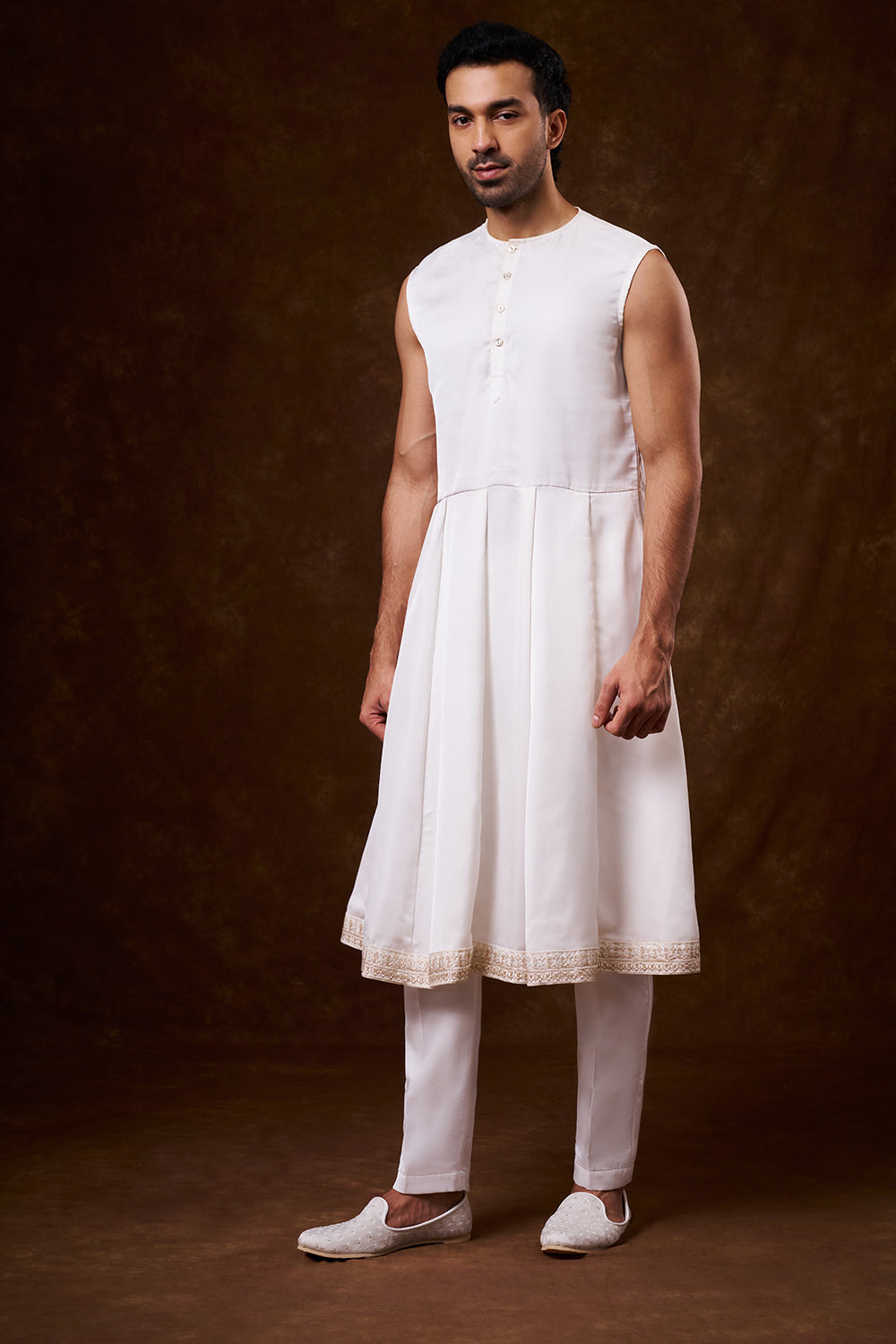 White Nokia Silk Groom’s Sherwani with Botanical Detailing