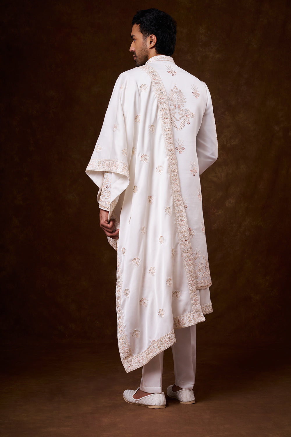 White Nokia Silk Groom’s Sherwani with Botanical Detailing