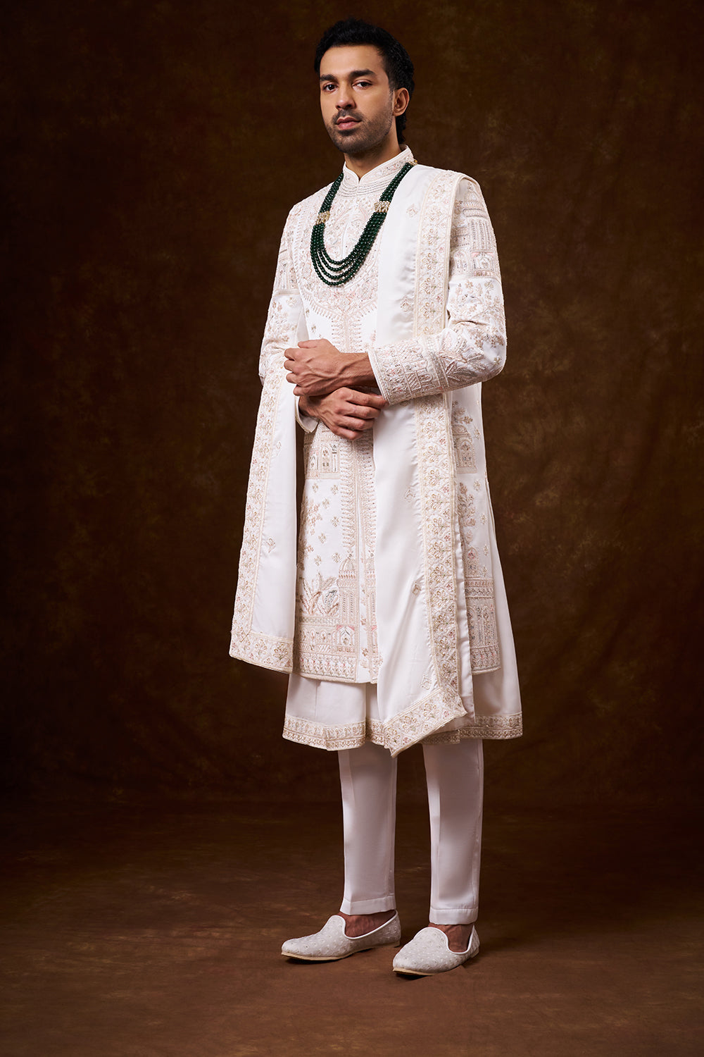 White Nokia Silk Groom’s Sherwani with Dori Work