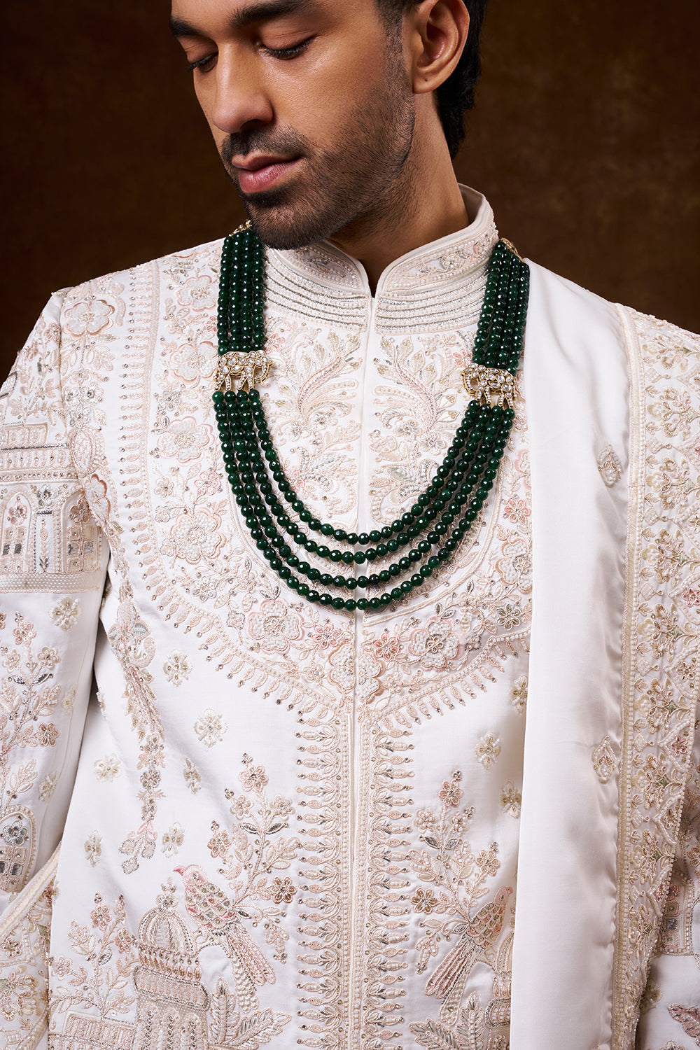 White Nokia Silk Groom’s Sherwani with Dori Work