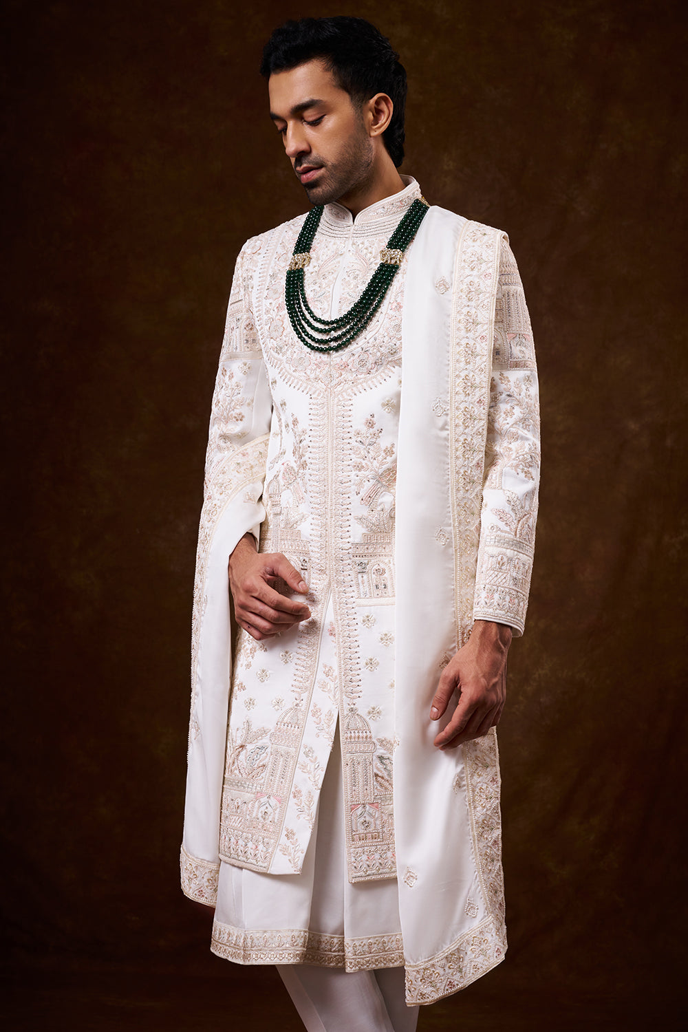 White Nokia Silk Groom’s Sherwani with Dori Work