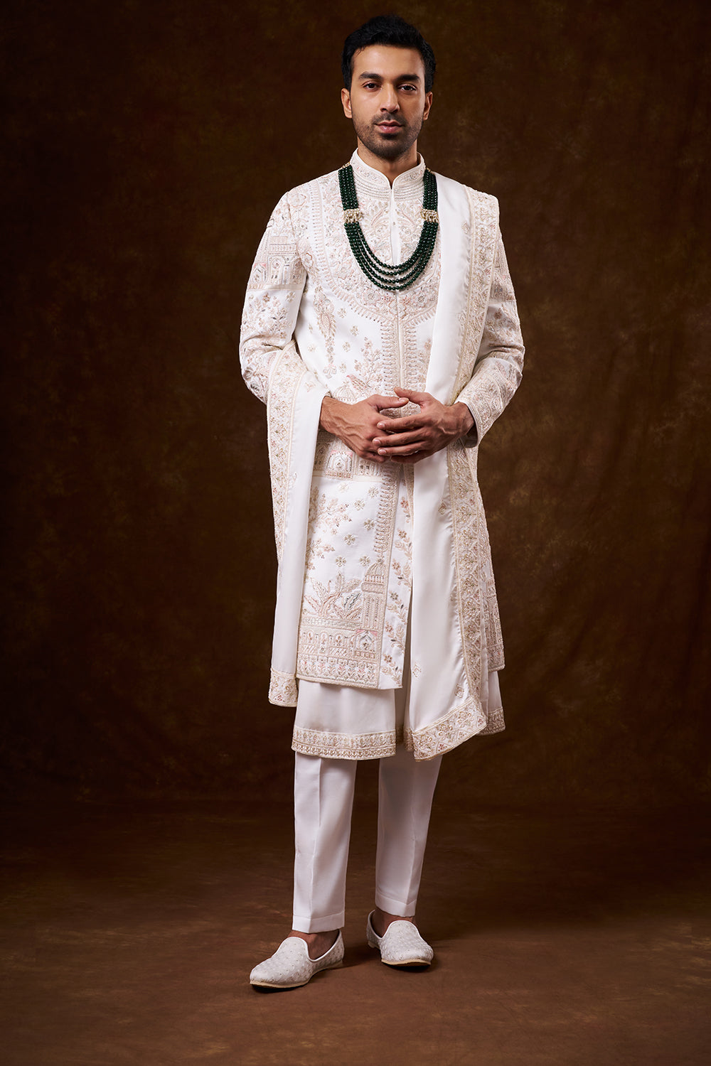 White Nokia Silk Groom’s Sherwani with Dori Work
