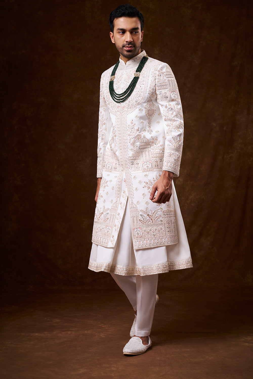 White Nokia Silk Groom’s Sherwani with Dori Work