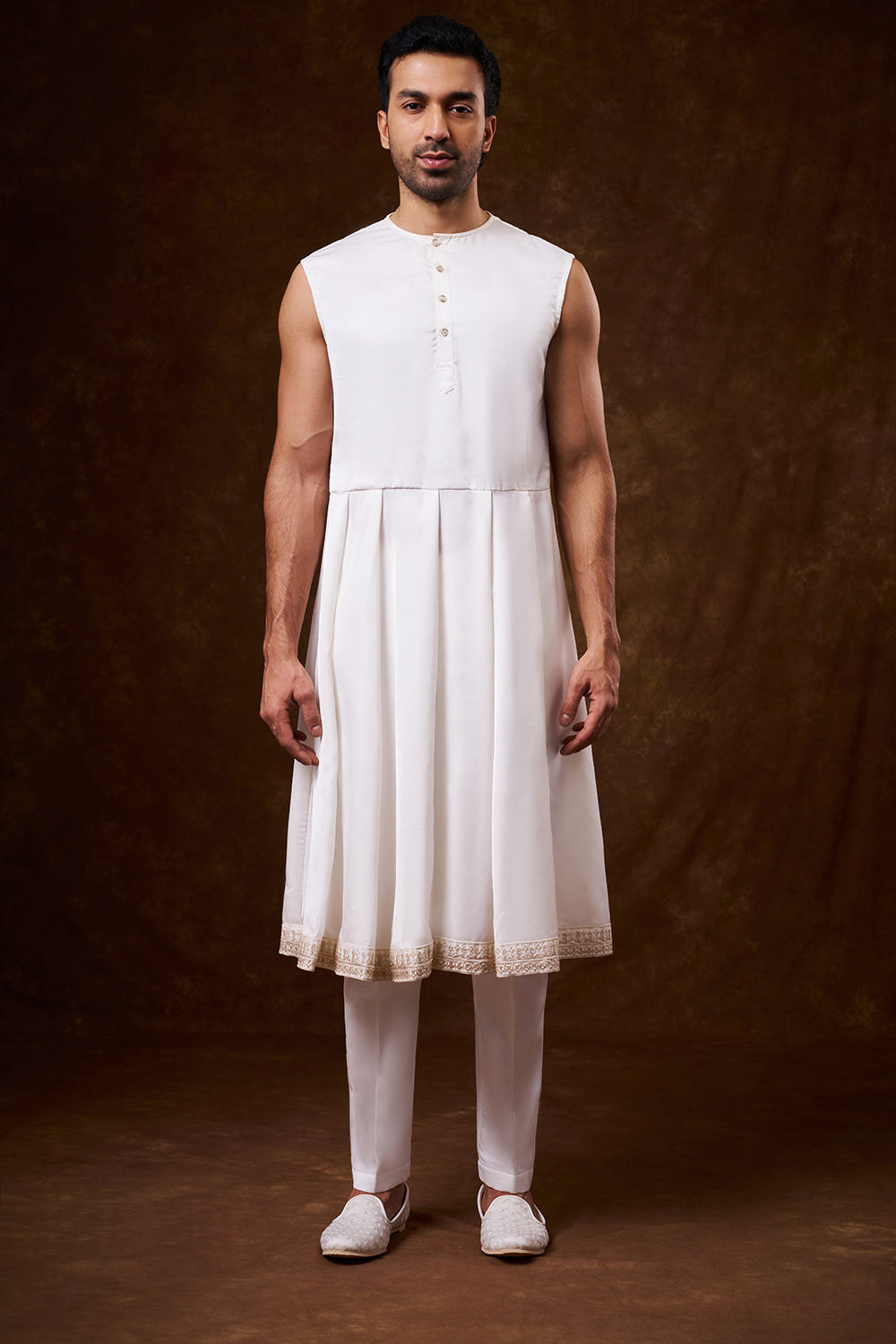 White Nokia Silk Groom’s Sherwani with Dori Work