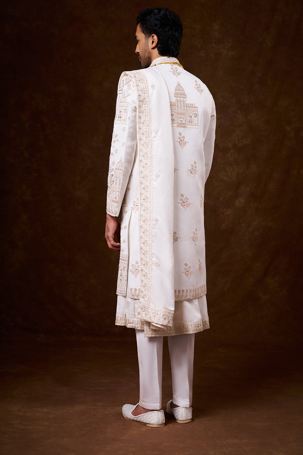 White Nokia Silk Groom’s Sherwani with Dori Work