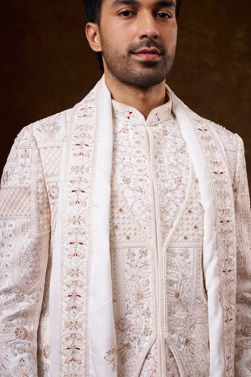 White Nokia Silk Groom’s Sherwani with Resham Work