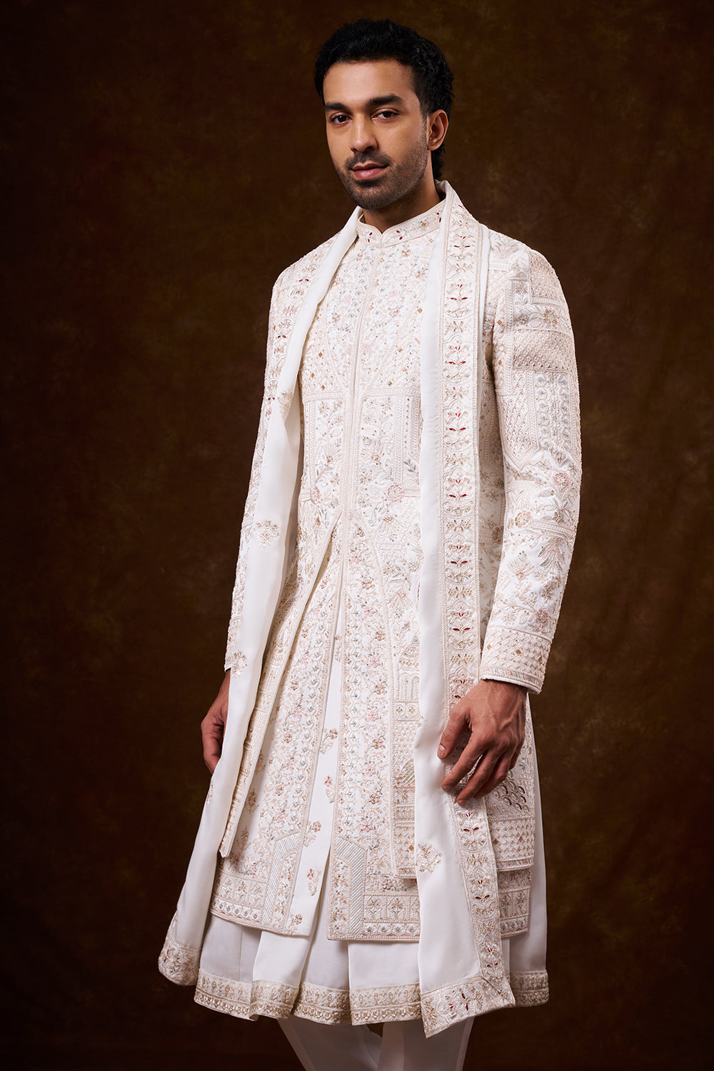White Nokia Silk Groom’s Sherwani with Resham Work
