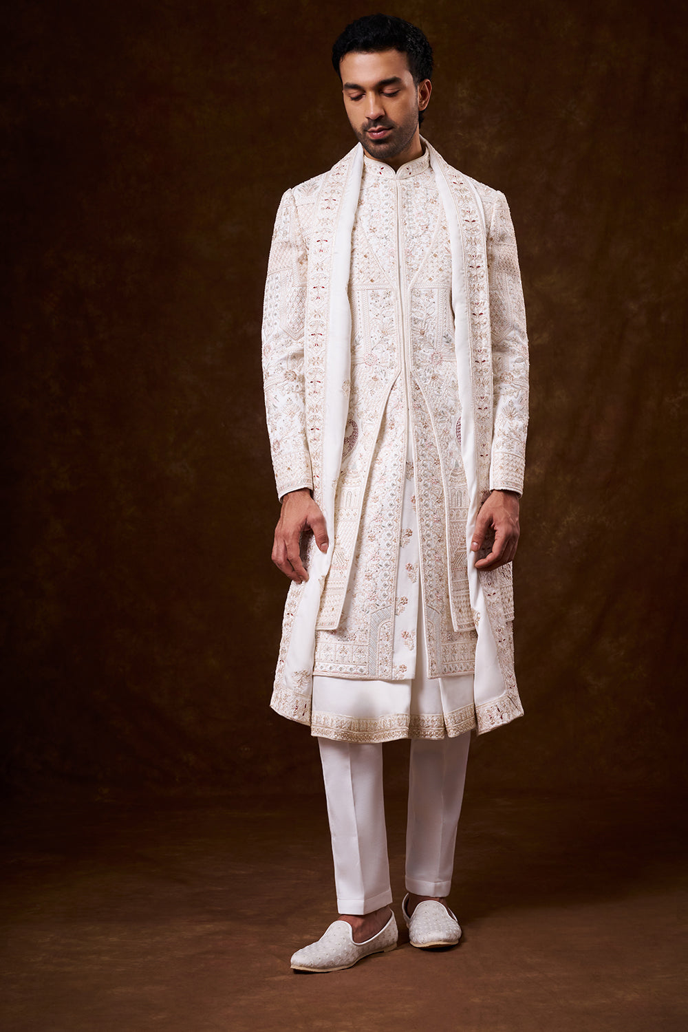 White Nokia Silk Groom’s Sherwani with Resham Work