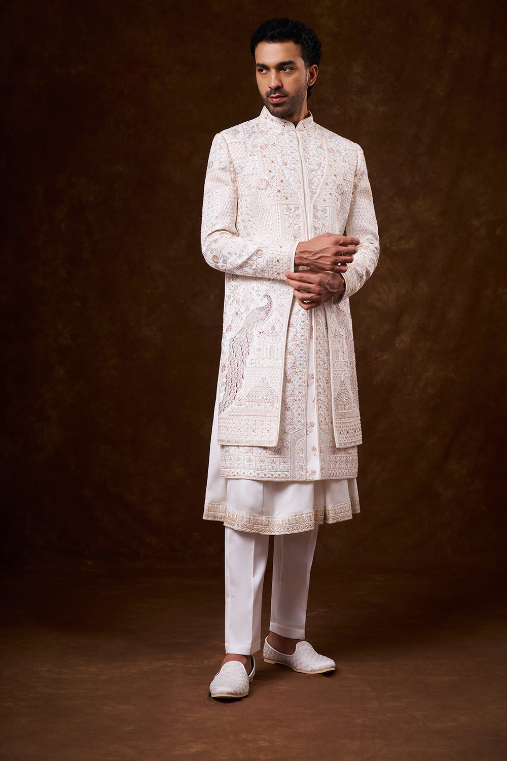 White Nokia Silk Groom’s Sherwani with Resham Work