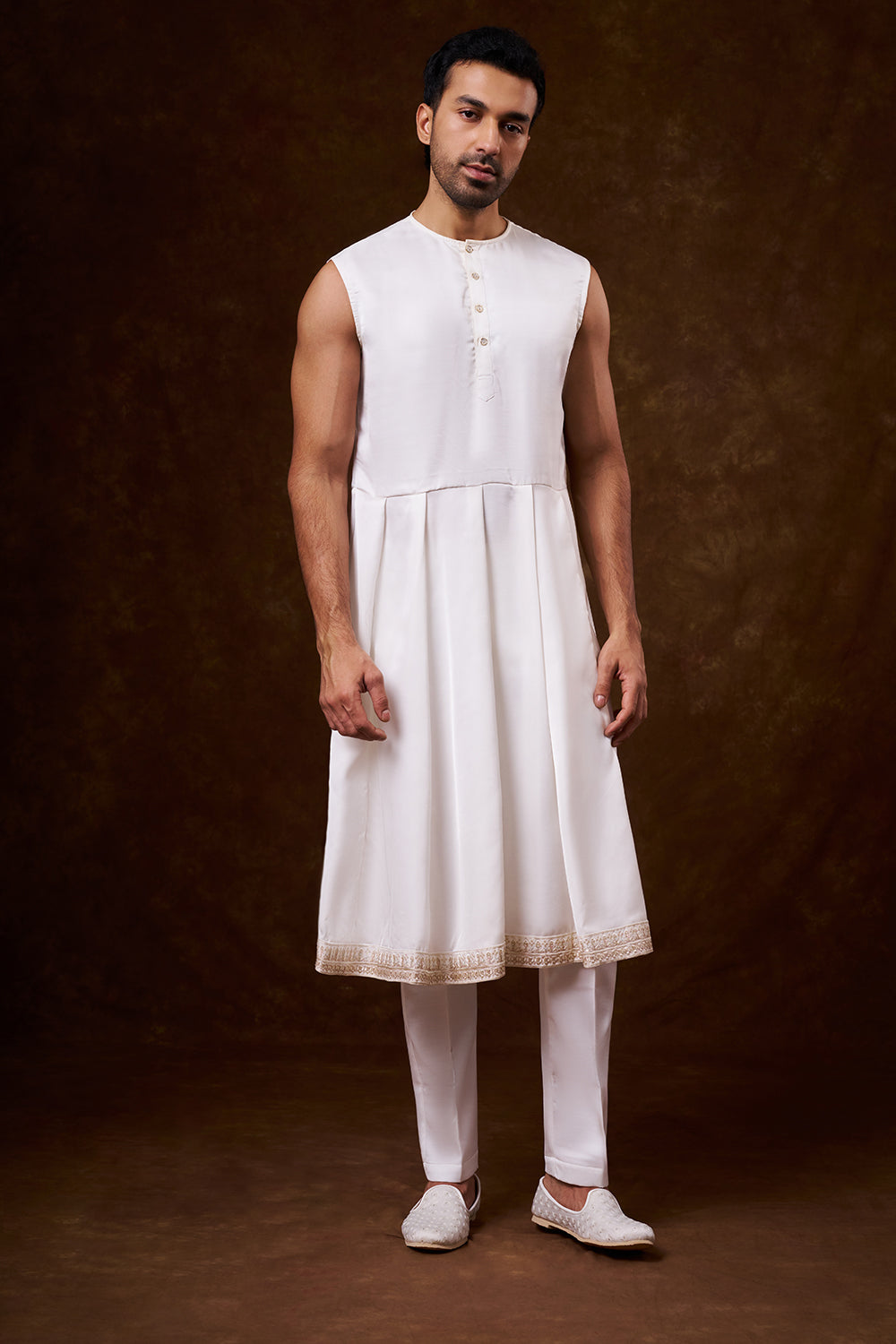 White Nokia Silk Groom’s Sherwani with Resham Work