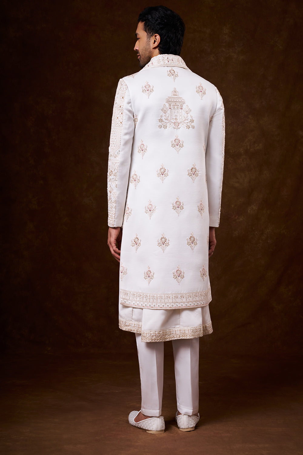 White Nokia Silk Groom’s Sherwani with Resham Work