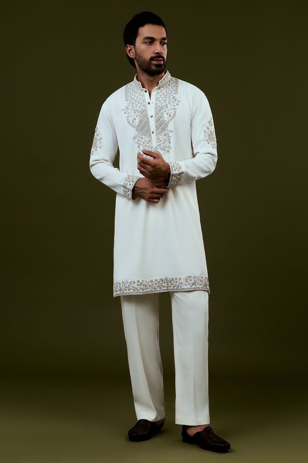 White Premium Crepe Mens Kurta Set with Handwork
