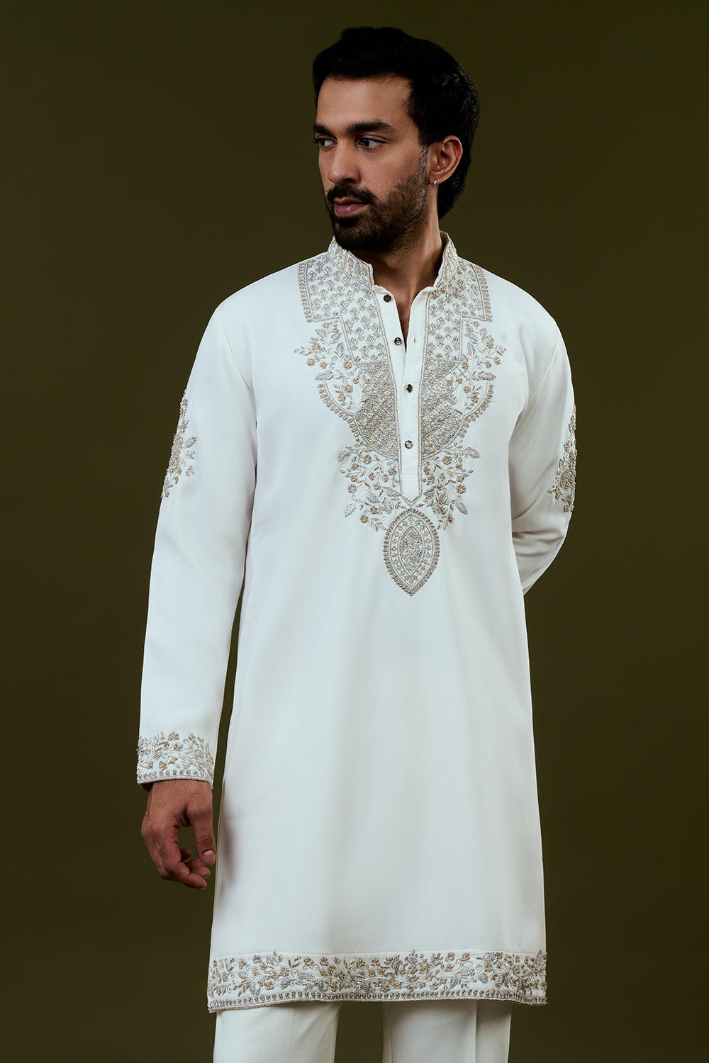 White Premium Crepe Mens Kurta Set with Handwork