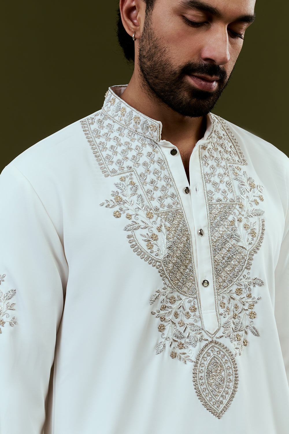 White Premium Crepe Mens Kurta Set with Handwork
