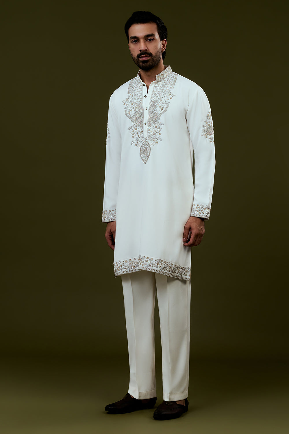 White Premium Crepe Mens Kurta Set with Handwork