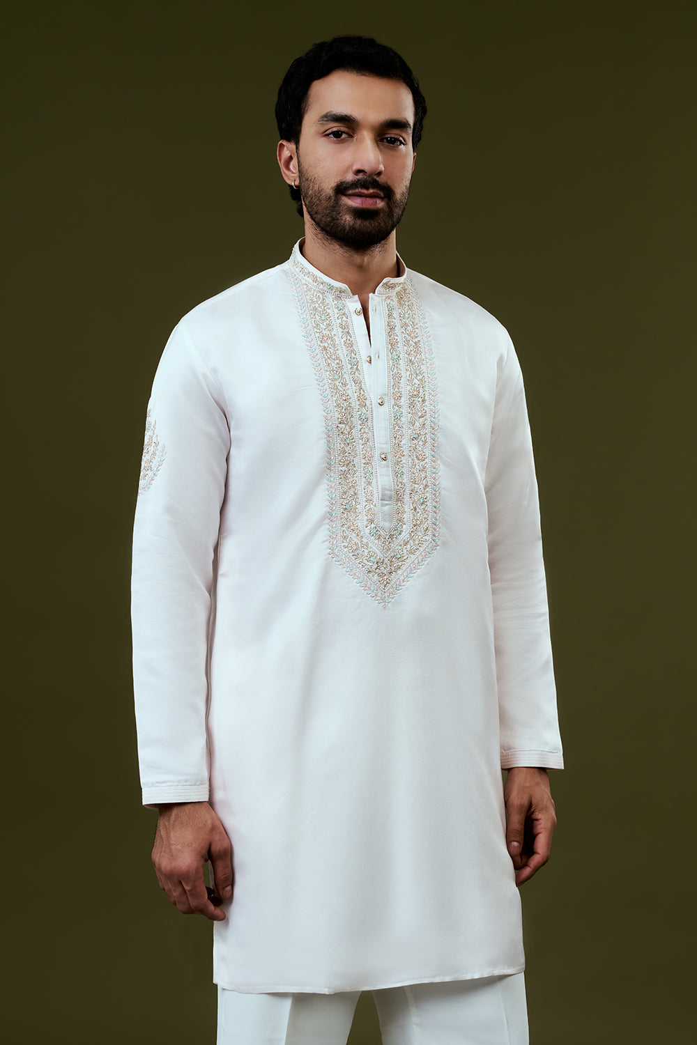 White Silk Mens Kurta Set with Resham and Hand Embroidery