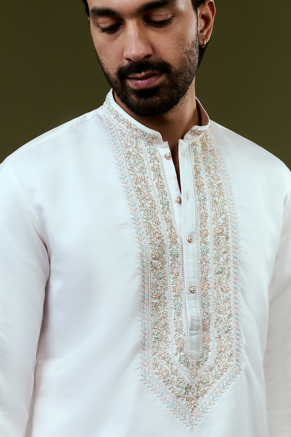 White Silk Mens Kurta Set with Resham and Hand Embroidery