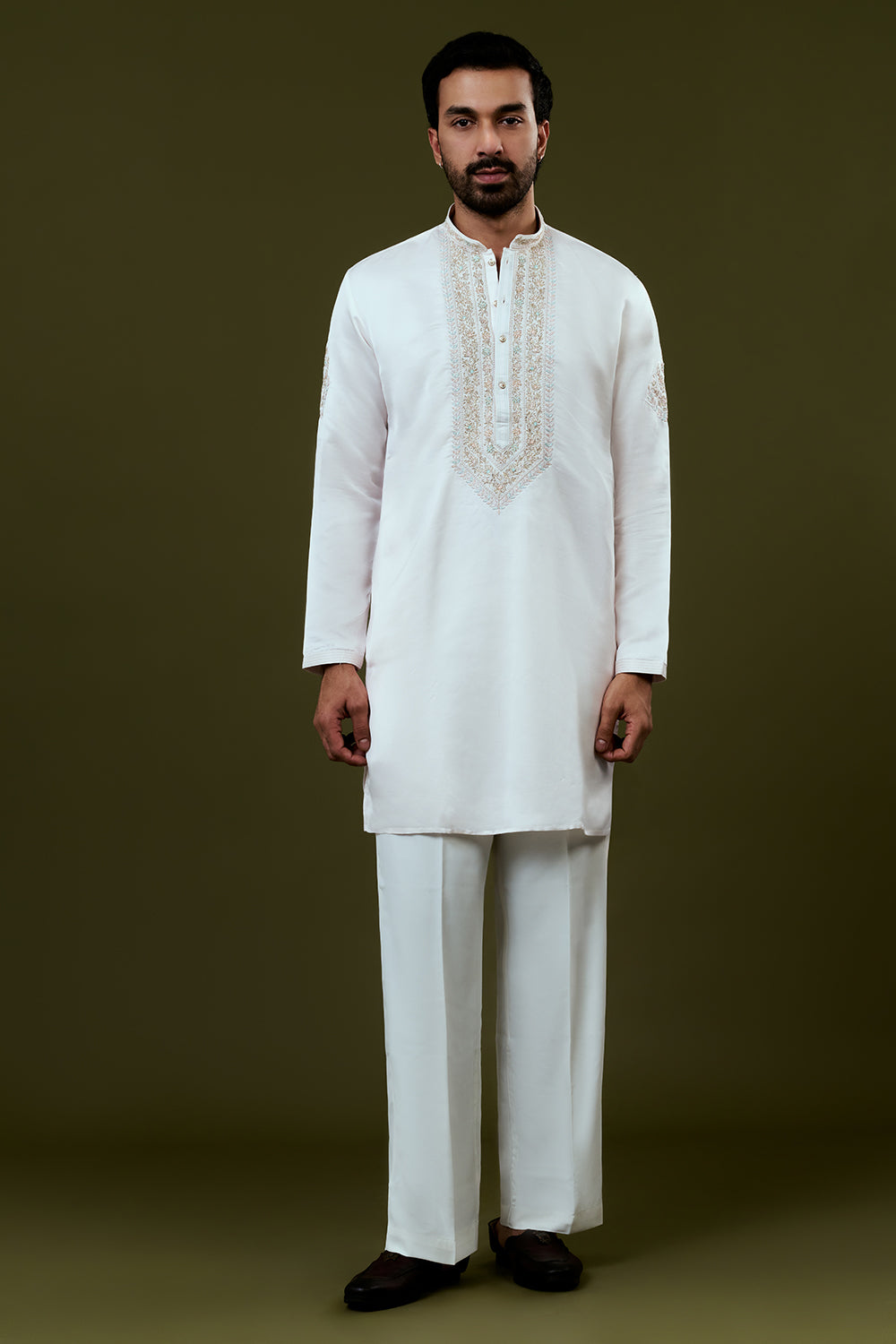 White Silk Mens Kurta Set with Resham and Hand Embroidery