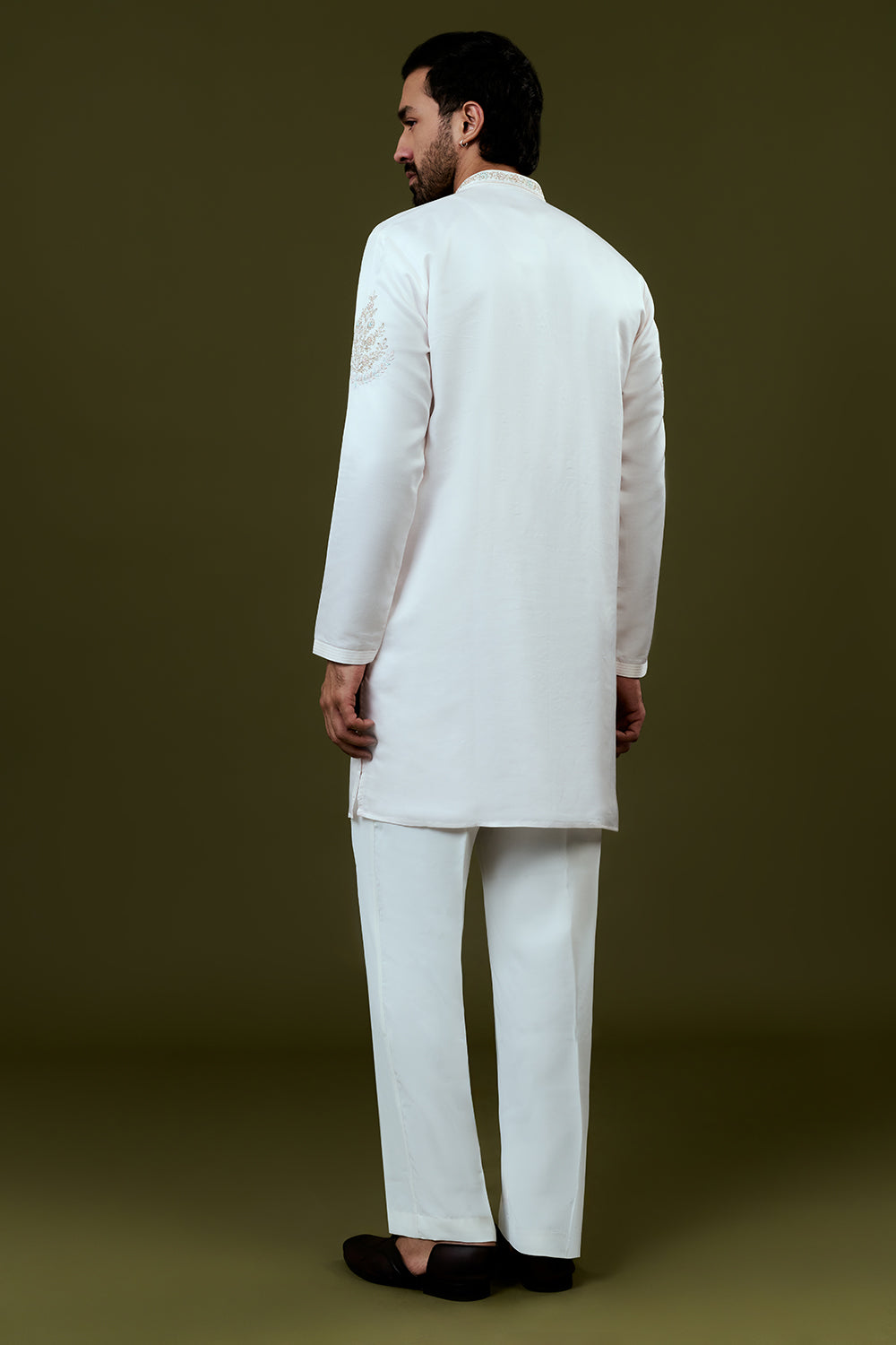 White Silk Mens Kurta Set with Resham and Hand Embroidery