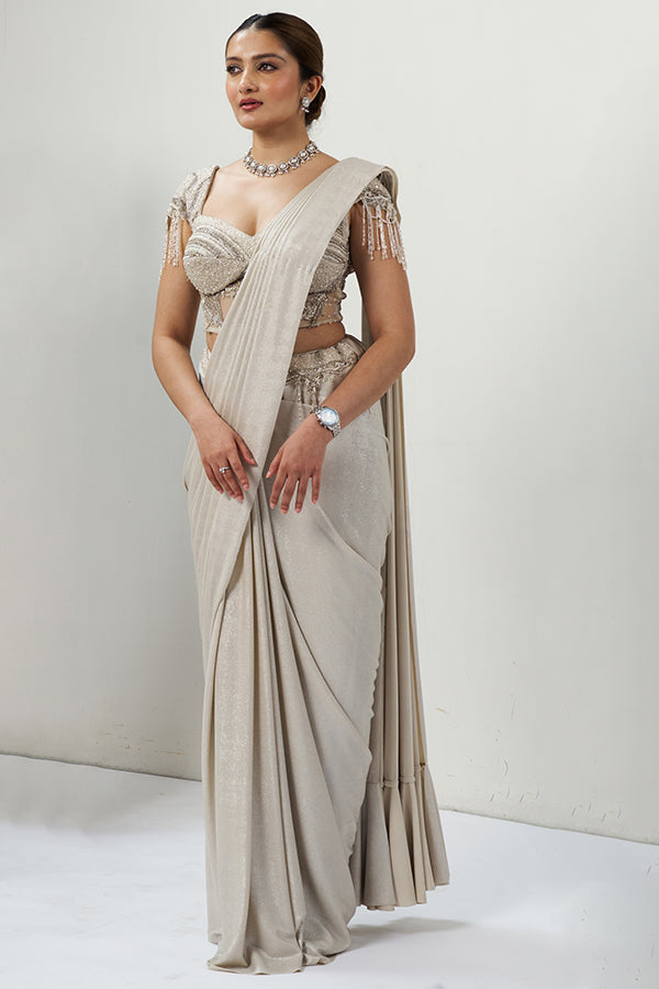 White Stone & Moti Embellished Ready Pleated Saree