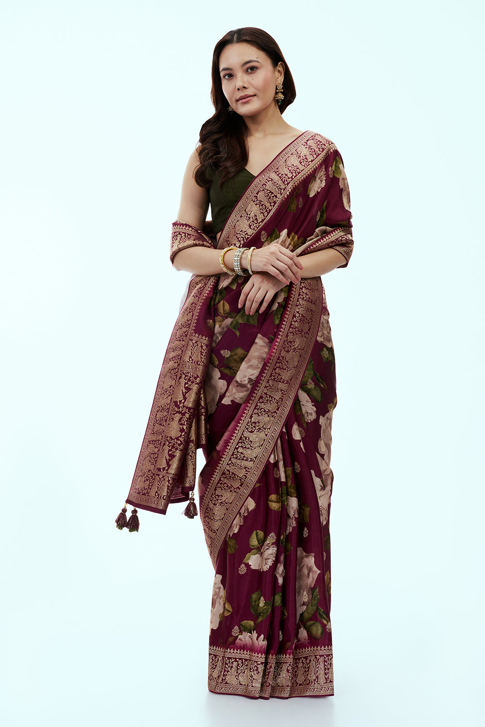 Wine Banarasi Silk Floral Print Saree