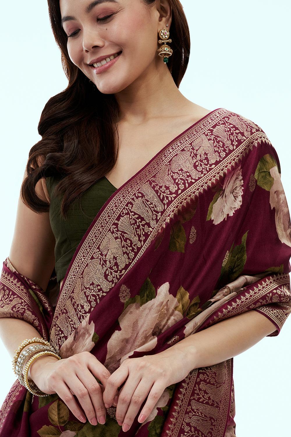 Wine Banarasi Silk Floral Print Saree
