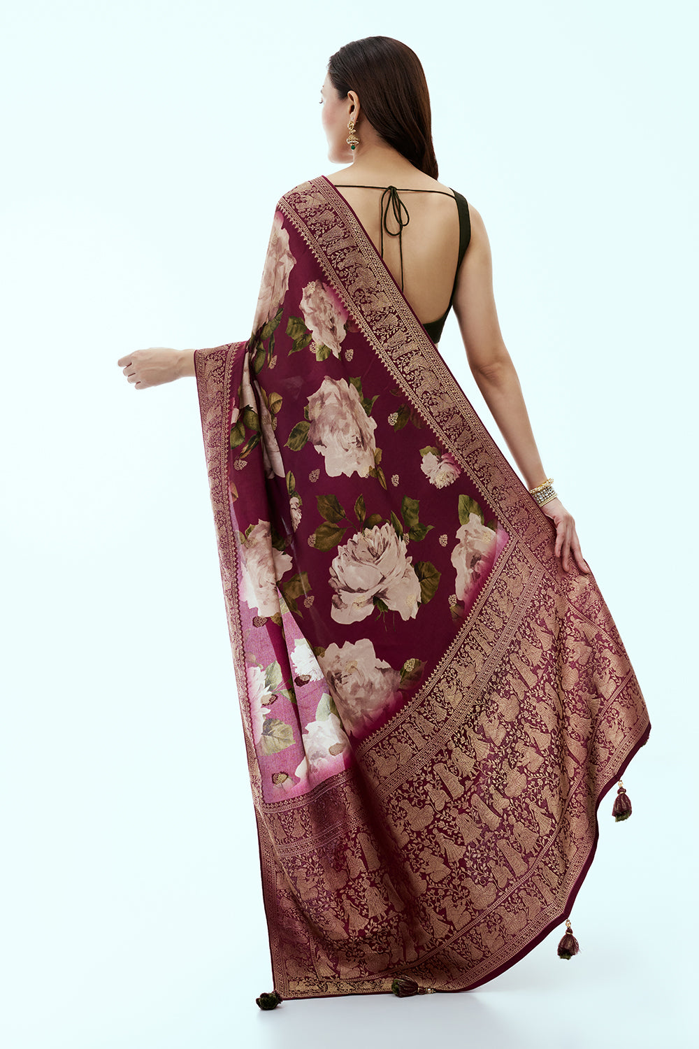 Wine Banarasi Silk Floral Print Saree
