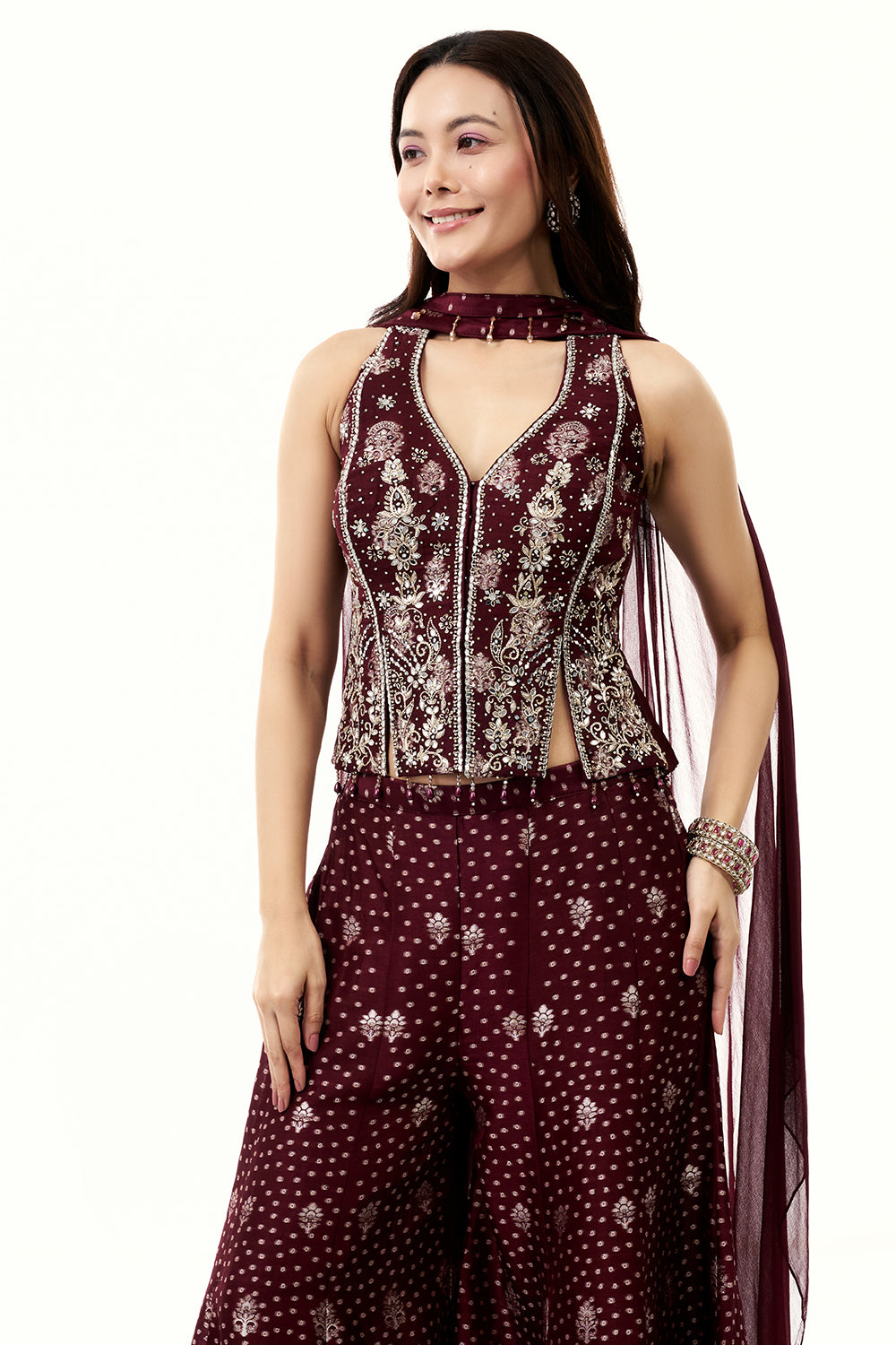 Wine Brocade Silk Palazzo Set with Mirror Work