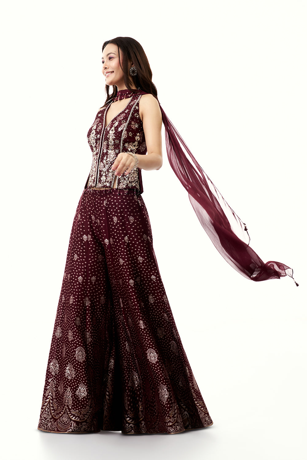 Wine Brocade Silk Palazzo Set with Mirror Work