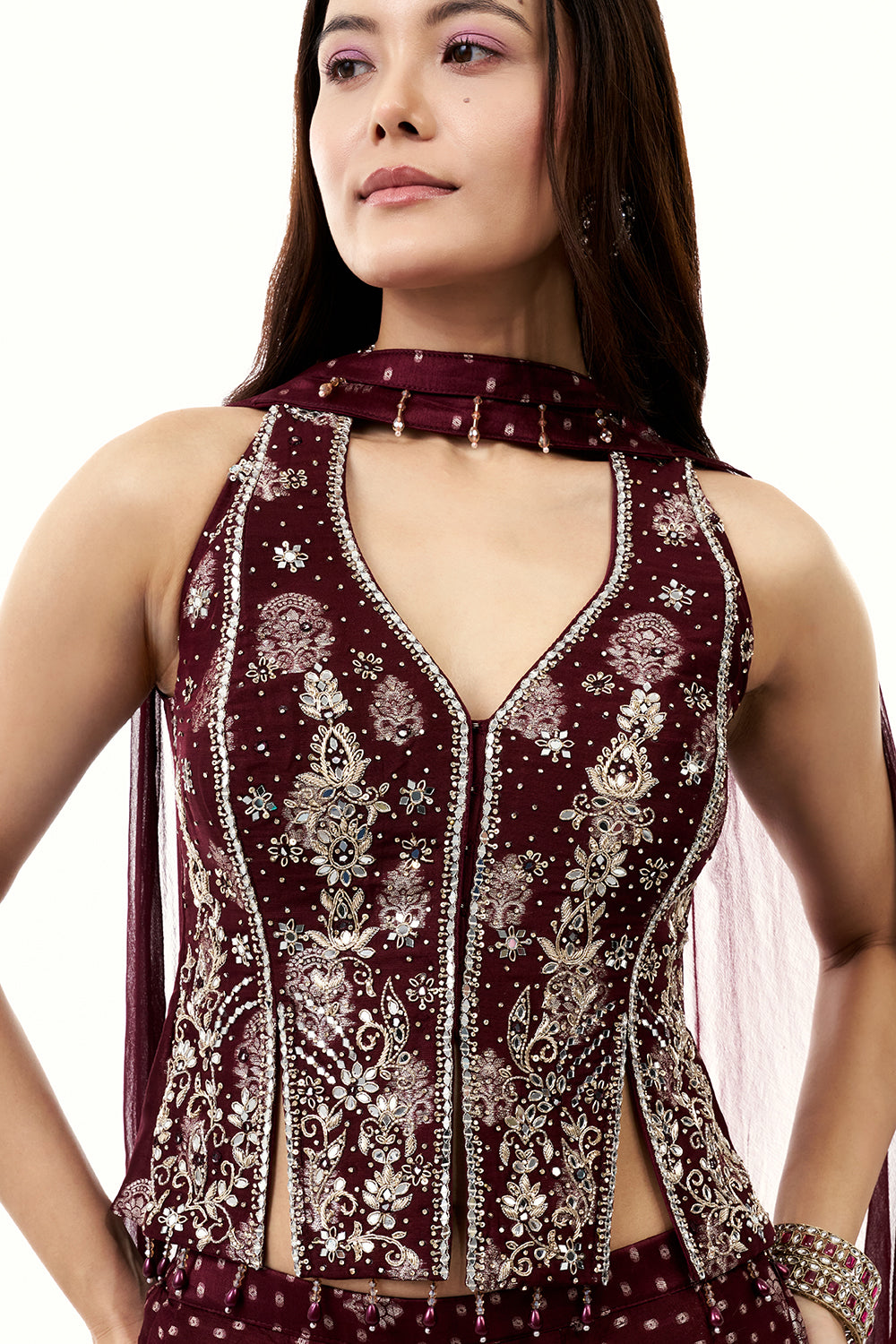 Wine Brocade Silk Palazzo Set with Mirror Work