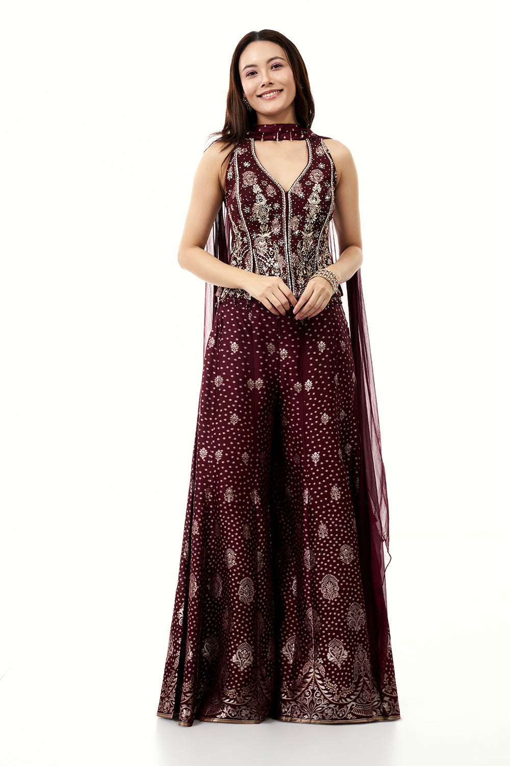 Wine Brocade Silk Palazzo Set with Mirror Work