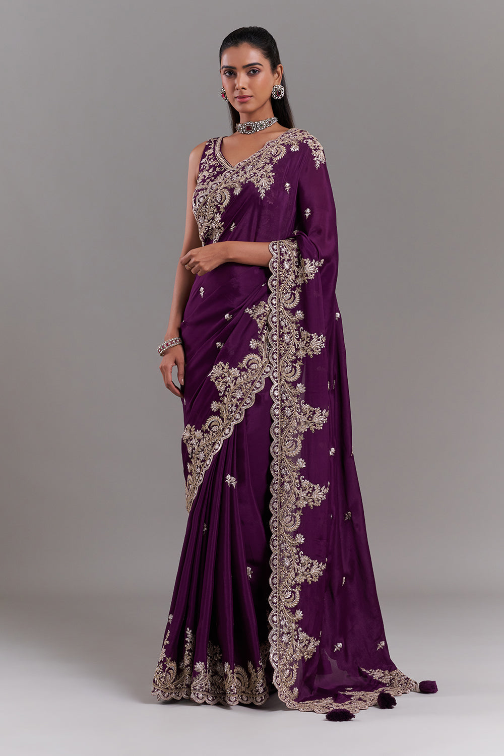 Wine Crepe Embroidered Saree with Stitched Blouse