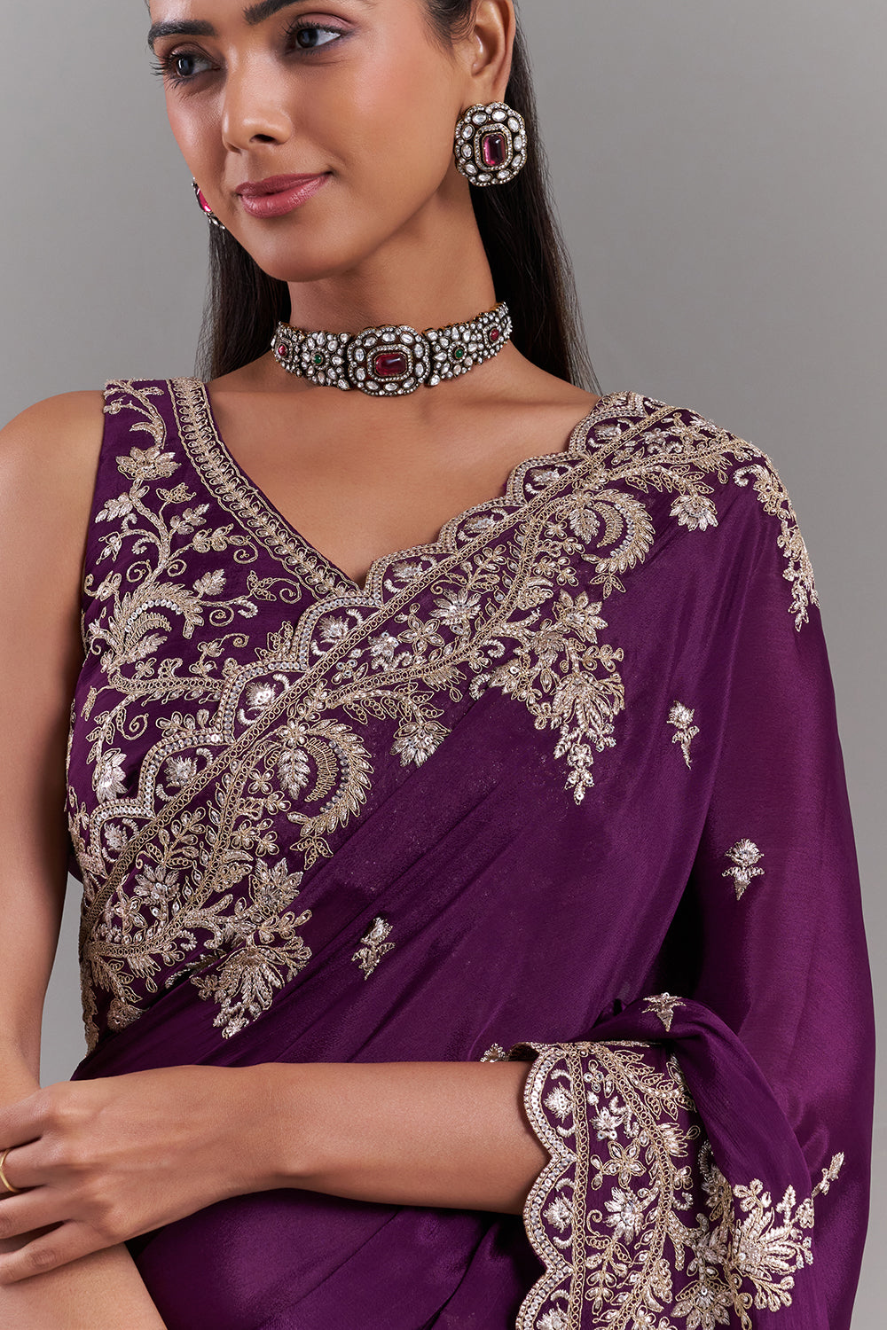Wine Crepe Embroidered Saree with Stitched Blouse