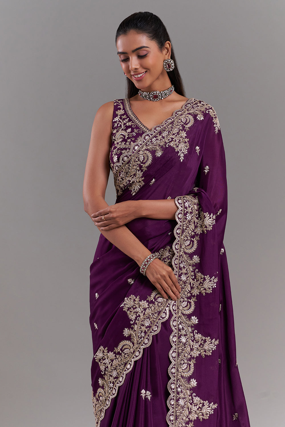 Wine Crepe Embroidered Saree with Stitched Blouse