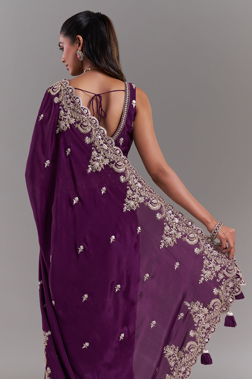 Wine Crepe Embroidered Saree with Stitched Blouse