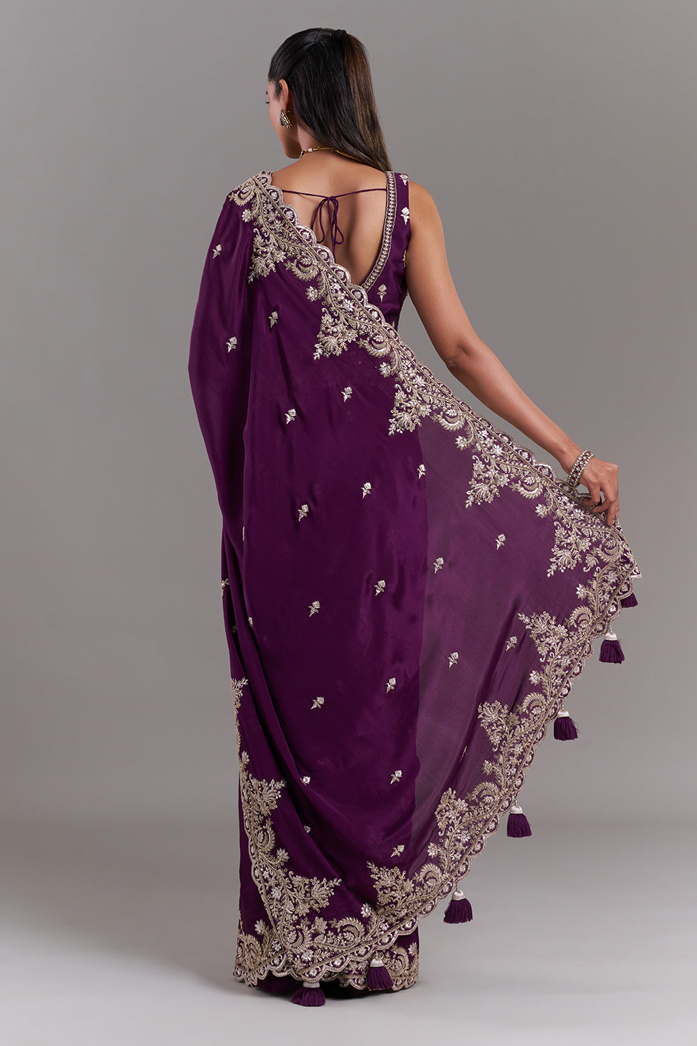 Wine Crepe Embroidered Saree with Stitched Blouse