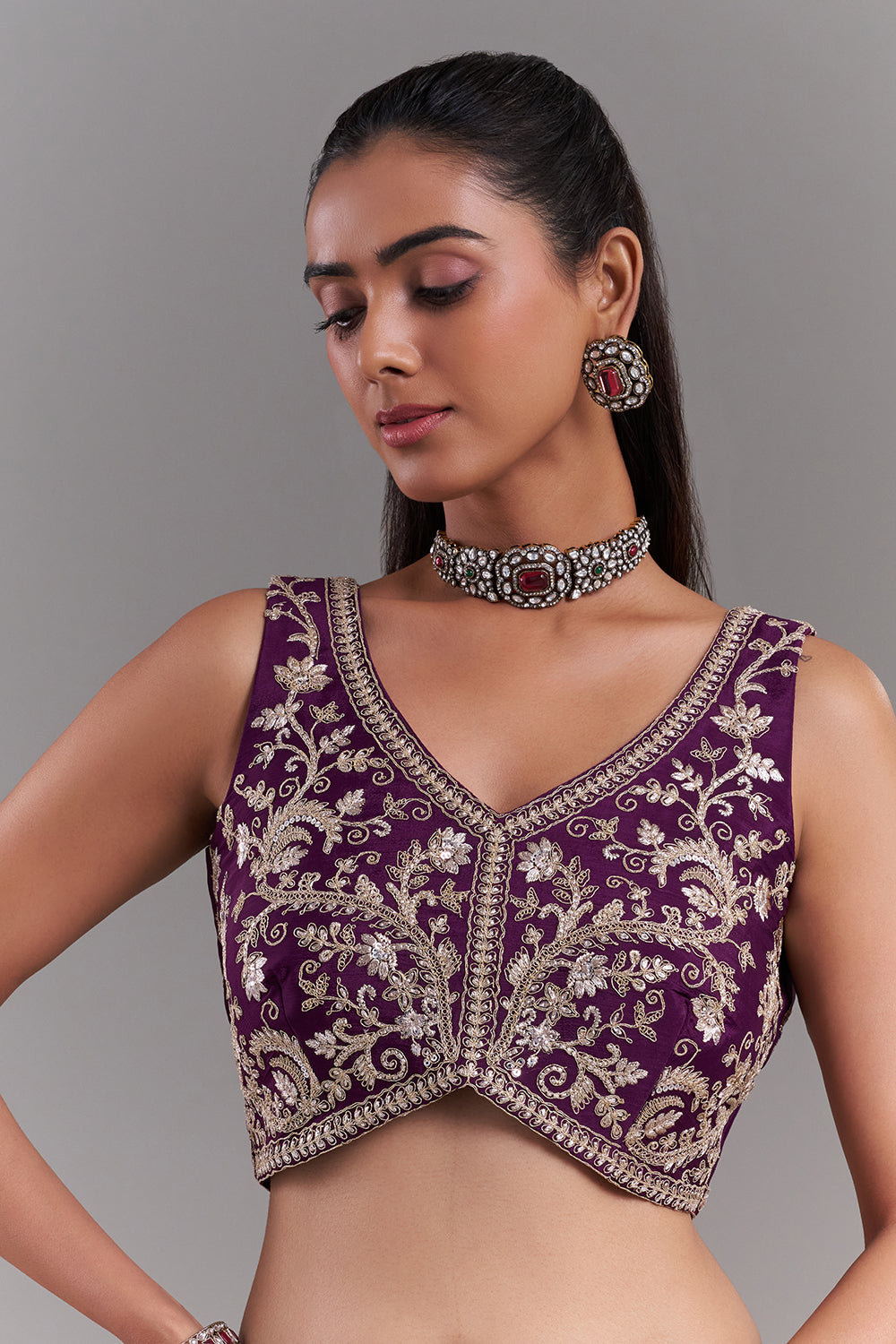 Wine Crepe Embroidered Saree with Stitched Blouse