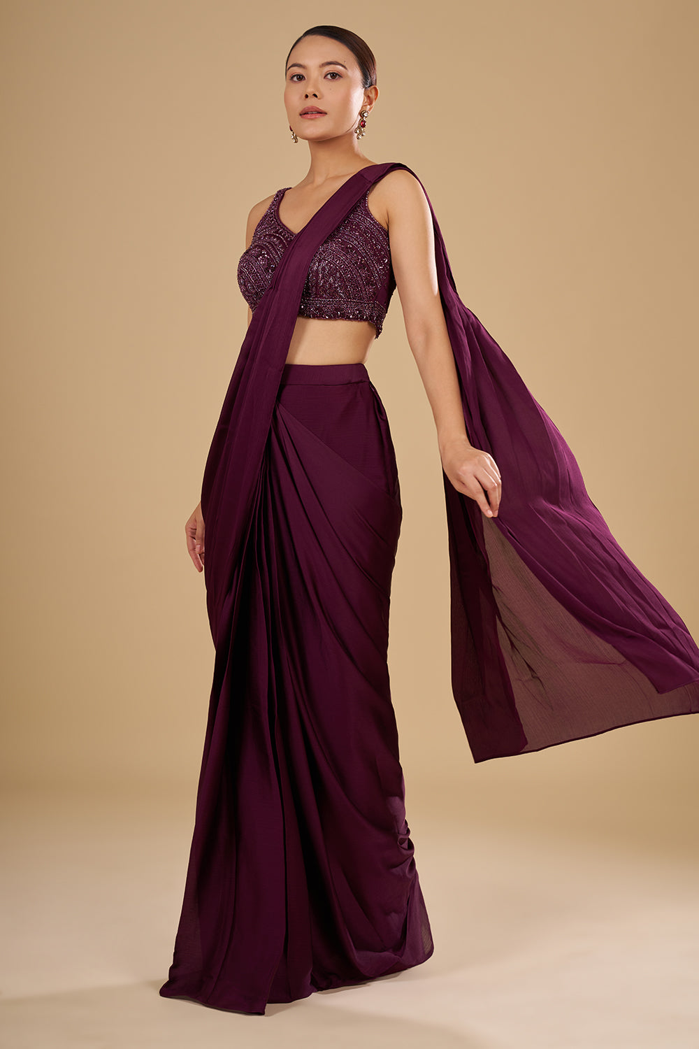 Wine Drape Georgette Saree With Thread Embroidered Blouse