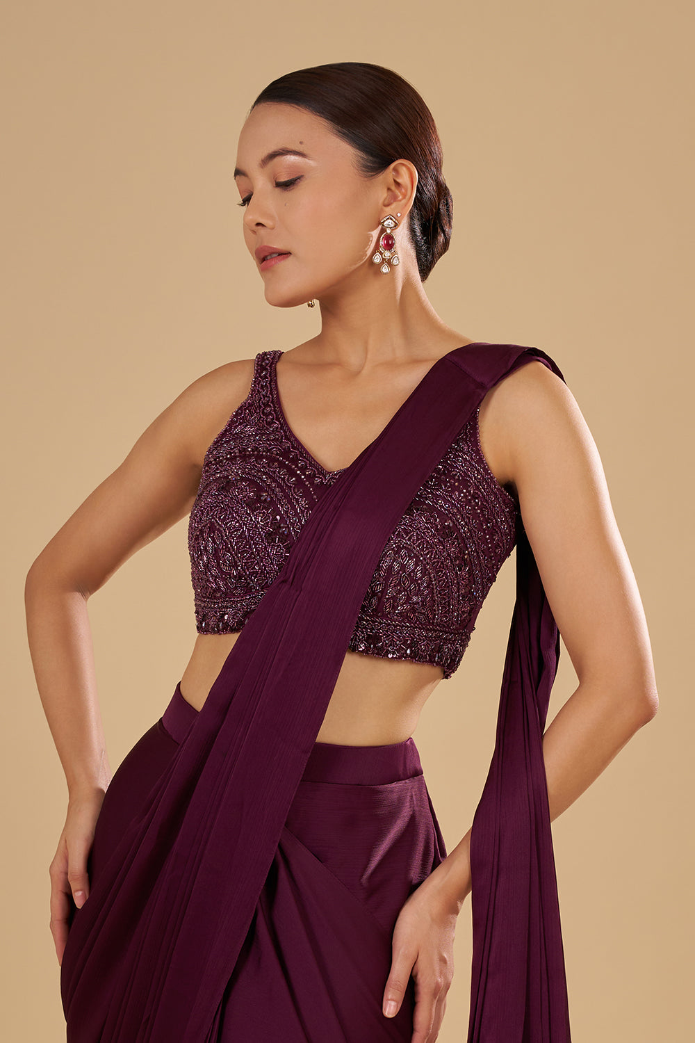 Wine Drape Georgette Saree With Thread Embroidered Blouse